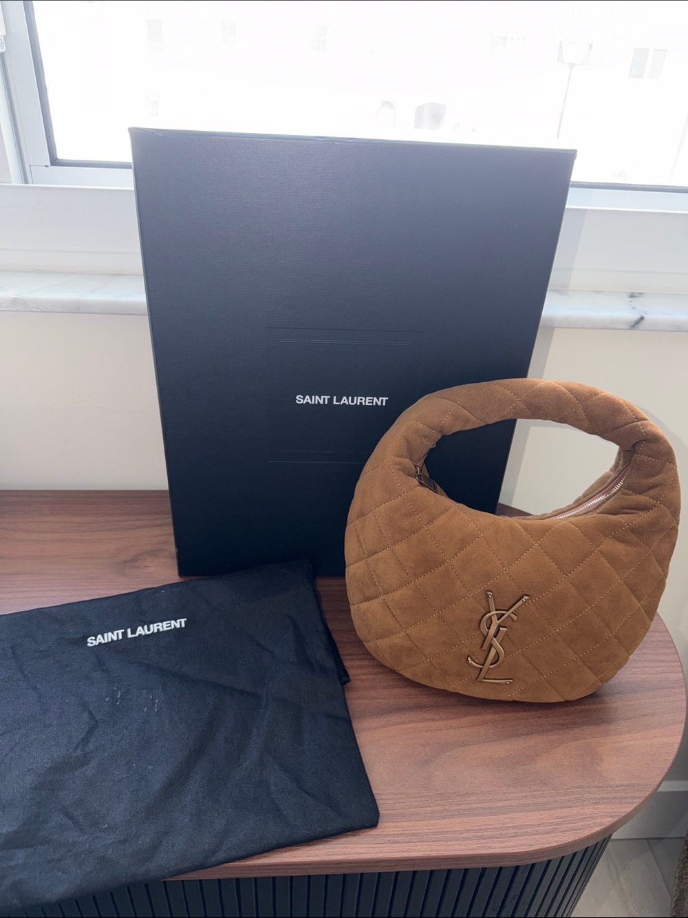 Saint Laurent Quilted Suede Hobo Bag in Brown